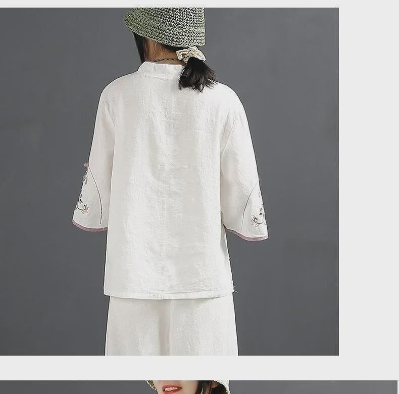 2024 Retro Chinese Cotton Linen Shirt: Women's Spring/Summer Stand-Up Collar Button Top with Embroidered Slant Lapel