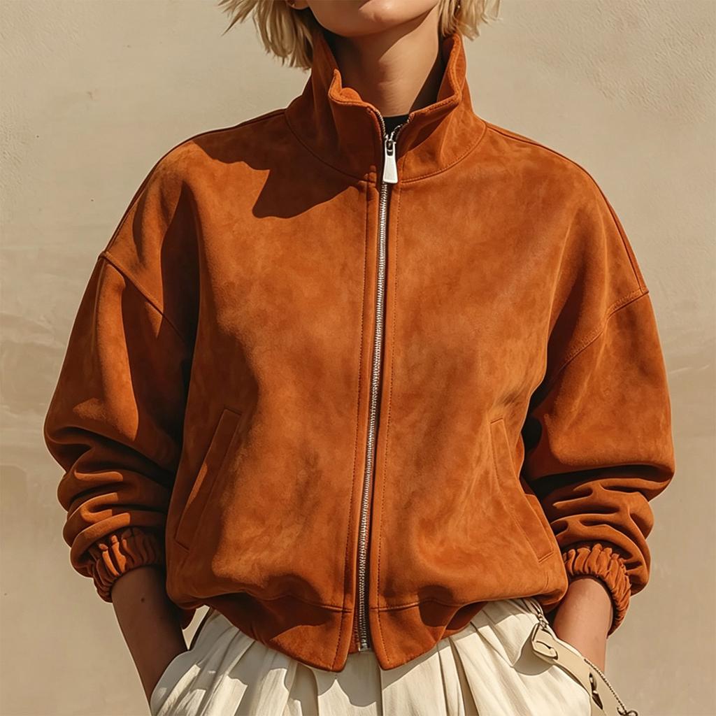 Women's Vintage Zip-Up Jacket with Stand Collar Drop Shoulder Cuffed Sleeves Short Coat for Fall Casual Wear
