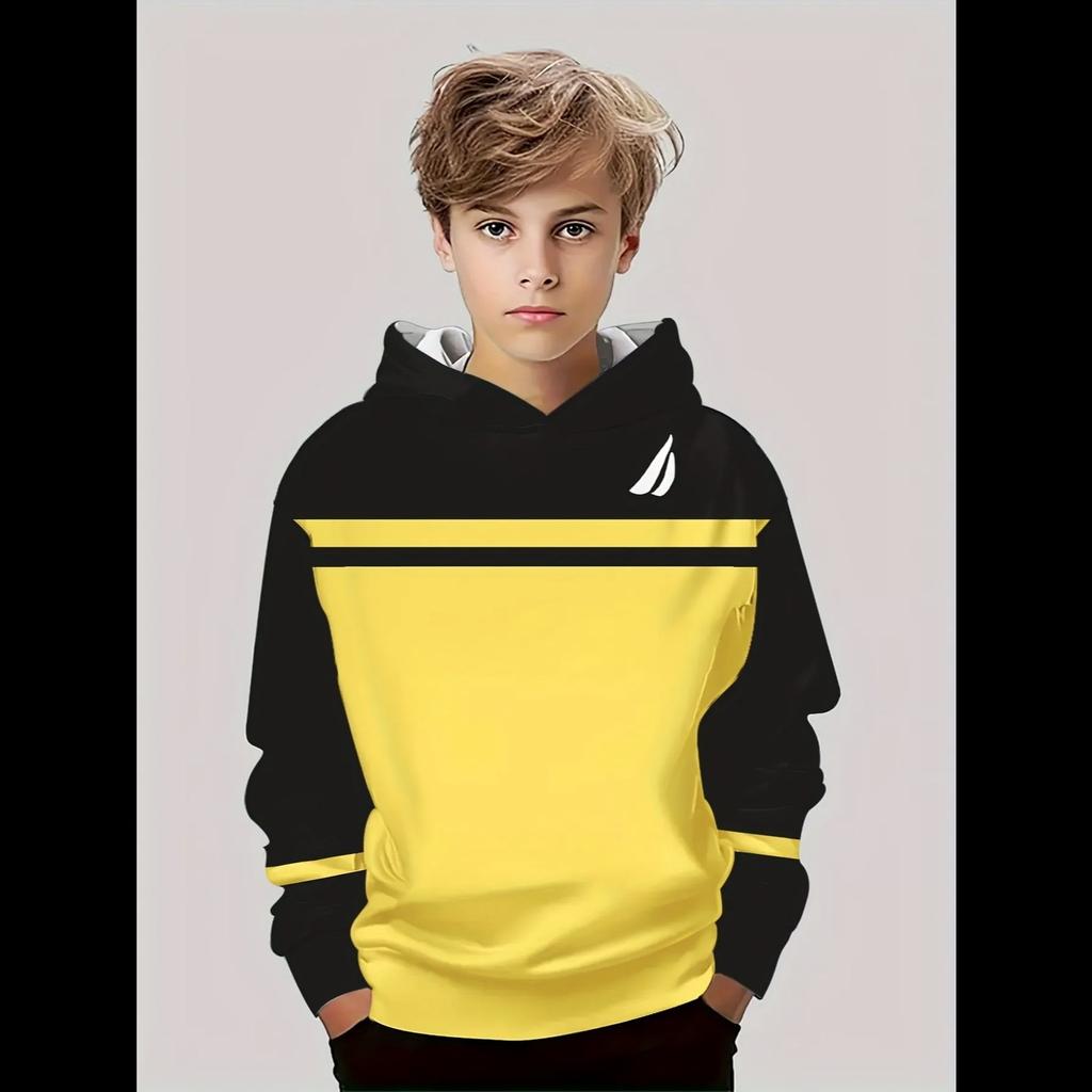 Boys Hoodie Stripe Printed Pullover Long Sleeve Thin Hooded Sweatshirt for Autumn Casual Versatile Classic Color Matching Design