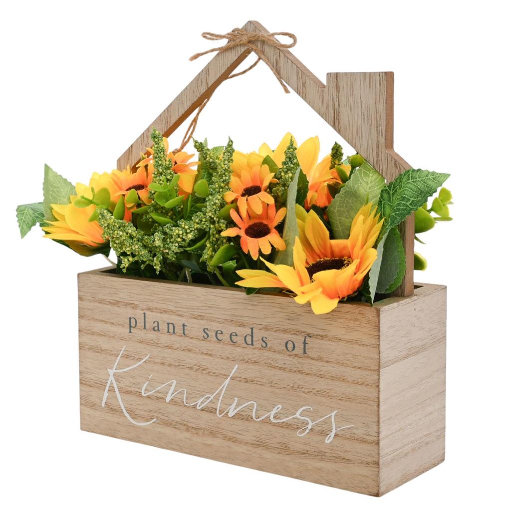 Country Living Plant Seeds of Kindness Wooden House Planter With Faux Flowers