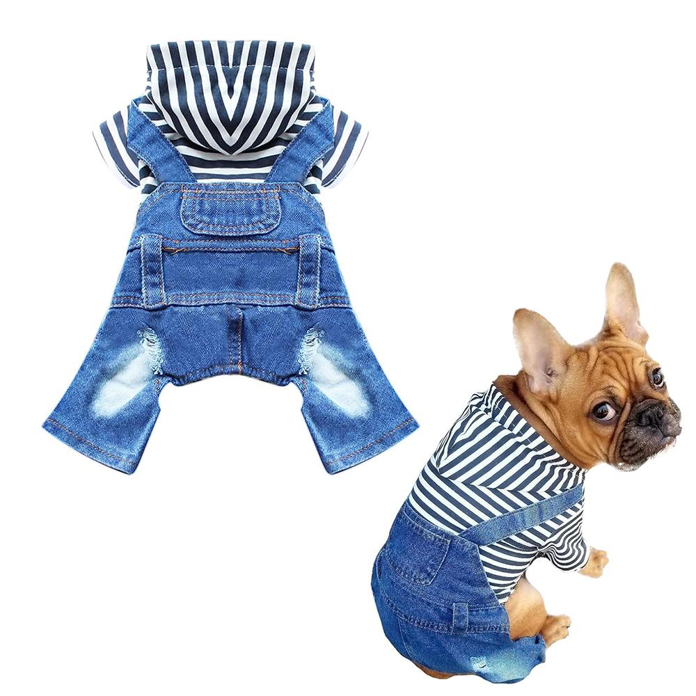

Толстовка с капюшоном для маленькой собаки, полосатые рубашки, джинсовый комбинезон, одежда для маленьких и средних собак, кошек, мальчиков и девочек, синие джинсы, комбинезон для щенка XS
