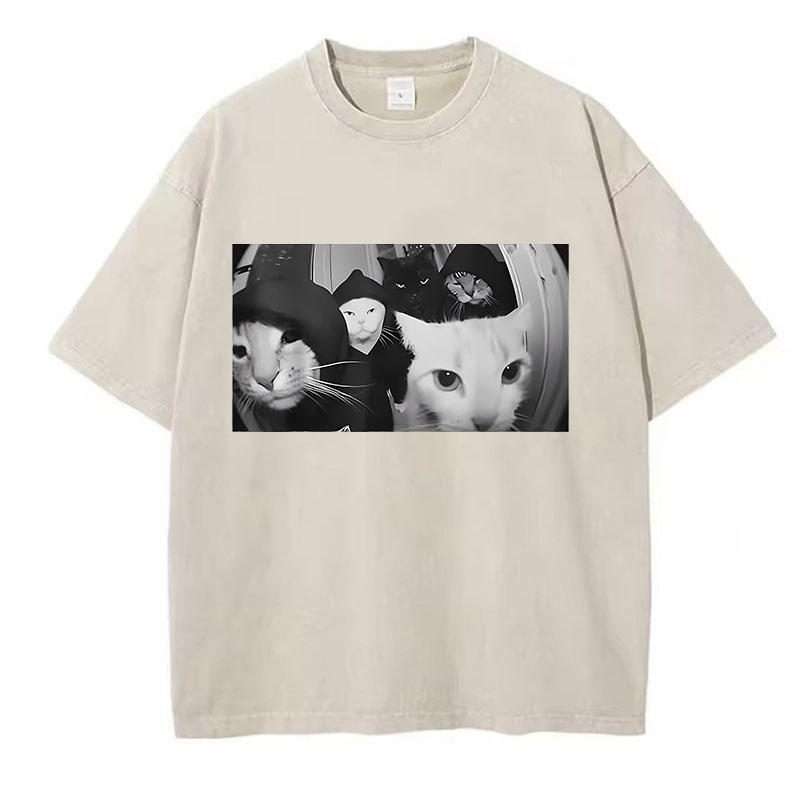 Trendy T Shirt Vintage Washed Cotton T-Shirt Streetwear Smoking Cat Graphic Tee Casual Streetwear Spring Summer