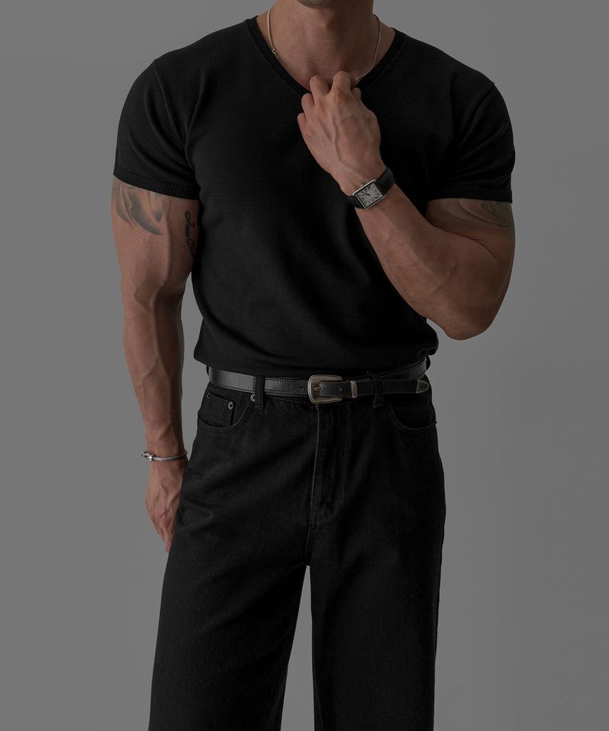 Baulopeulodeogteu V-Neck Muscle Short Sleeve Knit [Black]