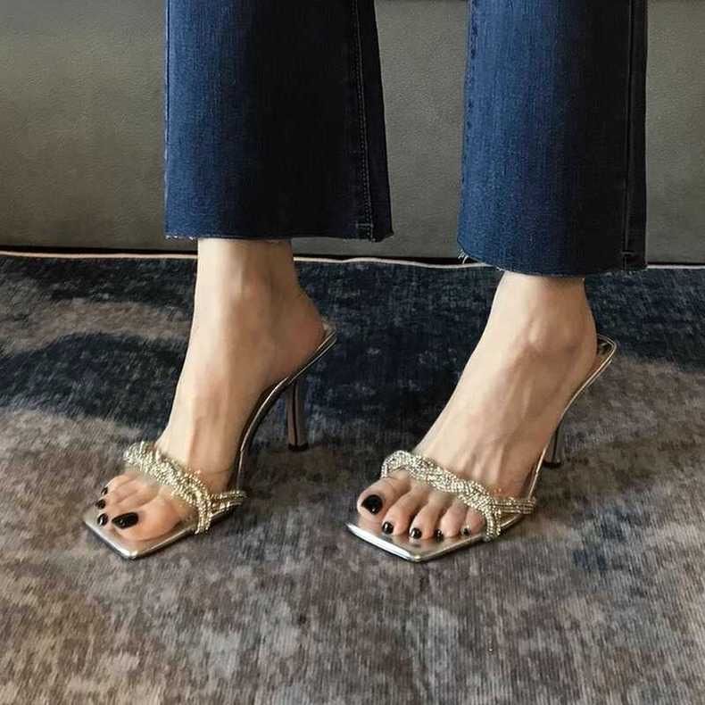 Internet celebrity French rhinestone thin heel square toe high heels silver slippers women's summer 2025 new explosion