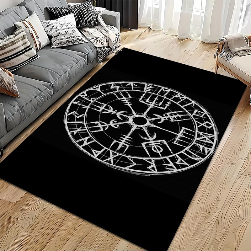 Area Rug, Norse Viking Vegvisir Rune Compass White Sketch Black Print, Man Cave Decor, Non-Slip Mat