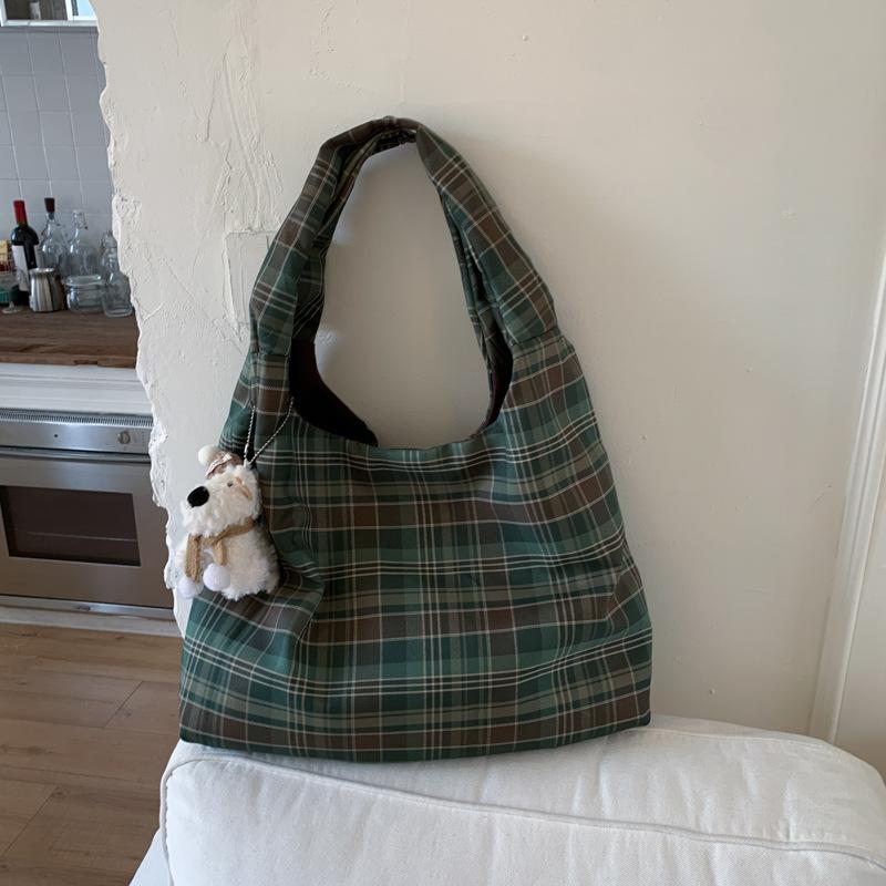 

Новая портативная холщовая сумка большой вместимости женская 2025 новая модная клетчатая сумка через плечо легкая дорожная сумка-тоут no pendant зелёный