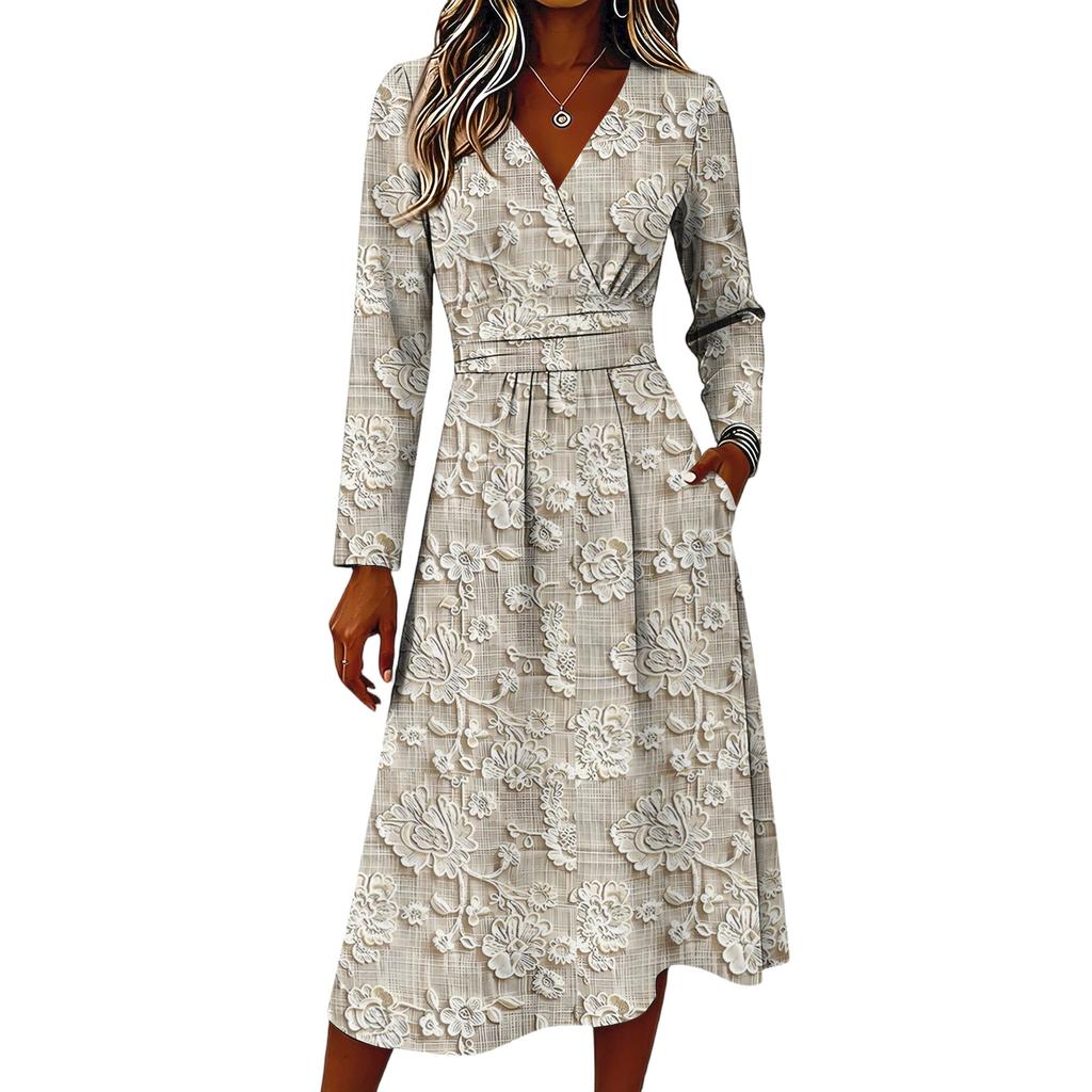 Women's Floral Casual Fashion Long-Sleeved Padded V-Neck Dress