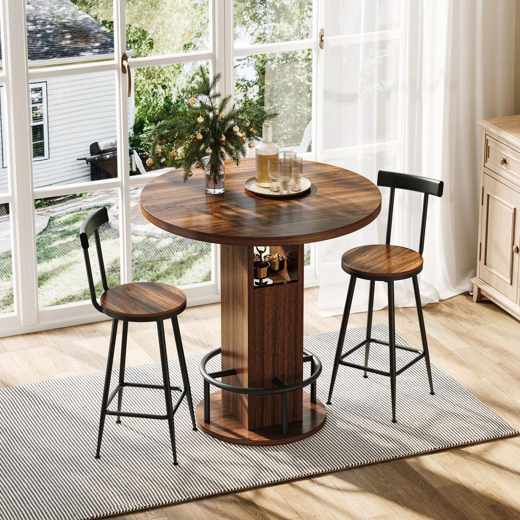 Juego de Mesa y Taburetes de Barra de 3 Piezas, Mesa Redonda de 31.5 Pulgadas con Dos Taburetes, Mesa de Comedor de Madera con Reposapiés Metálico en Forma de Anillo, Nogal