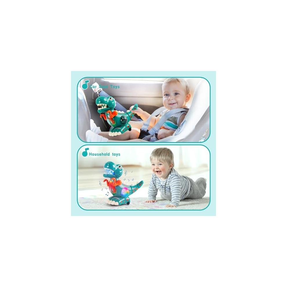 Tokidaring Musical Dino Toy: Crawling & Walking Green Dinosaur for Boys, Automatic Movement, Obstacle Avoidance, LED Lights, Safe ABS, Gift for 3+