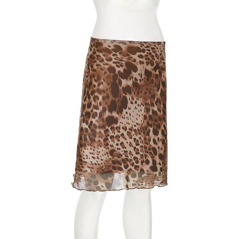 American Retro Leopard Print Mesh High Waist A-Line Skirt