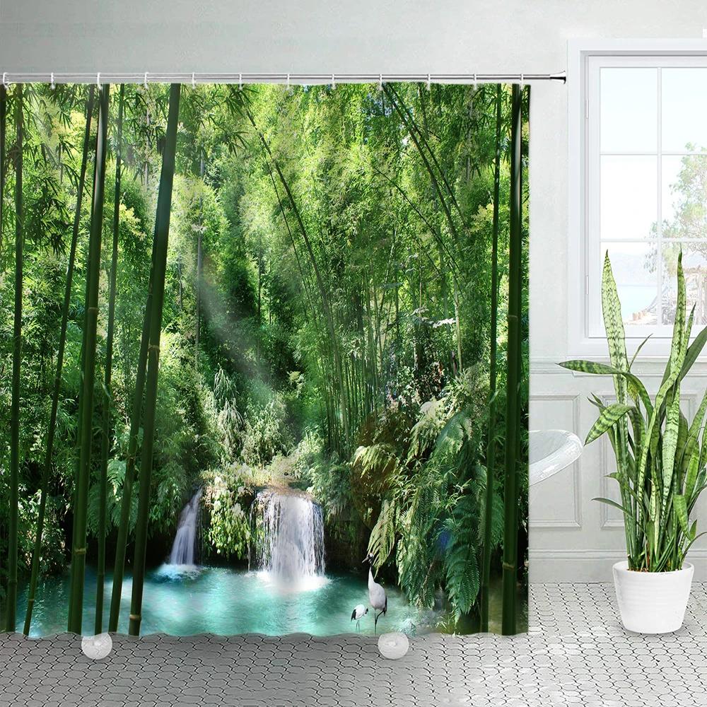 Wodospad Zasłony Łazienkowe Wiosenny Las Park Zasłona Prysznicowa Zielony Bambus Natura Krajobraz Wodoodporna Tkanina Dekoracja Domowa Wanna