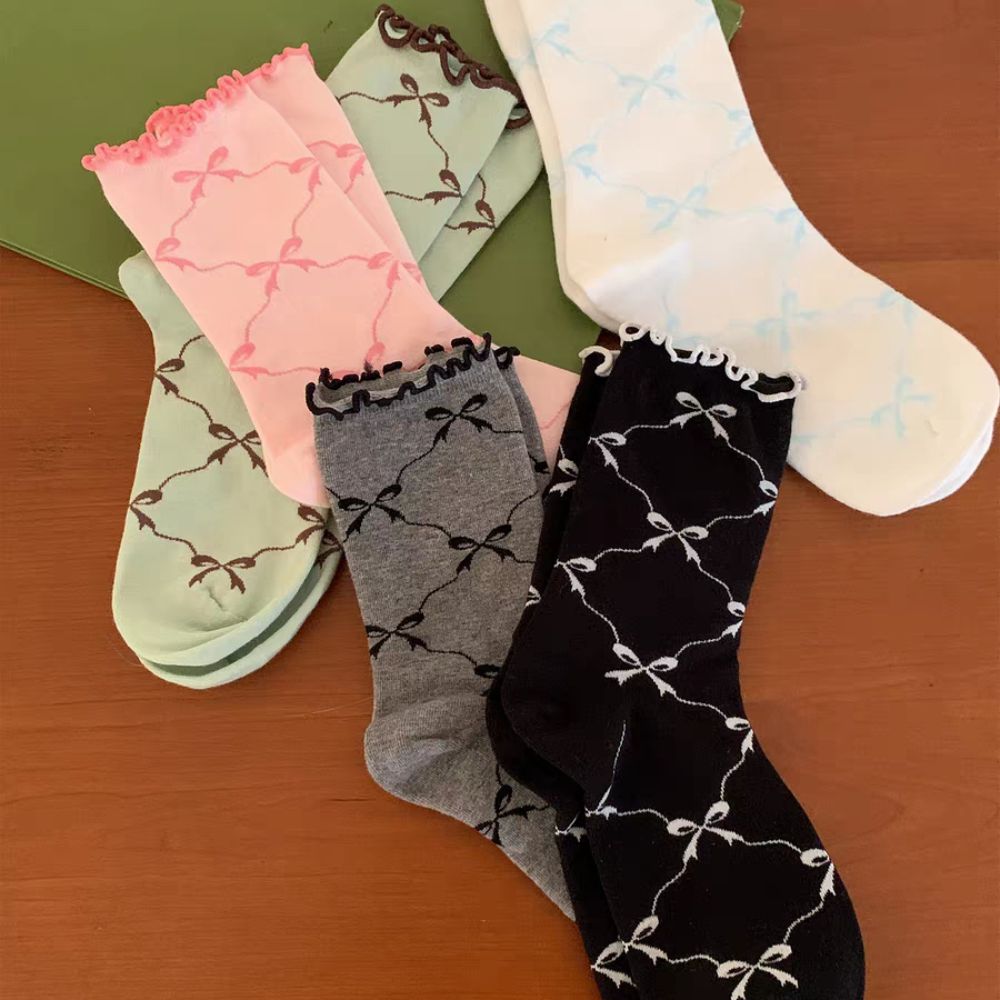 5Pairs Breathable Mid Tube Socks Thin Cotton Sweet Socks Women Fashion Ruffle Bow Socks  Streetwear