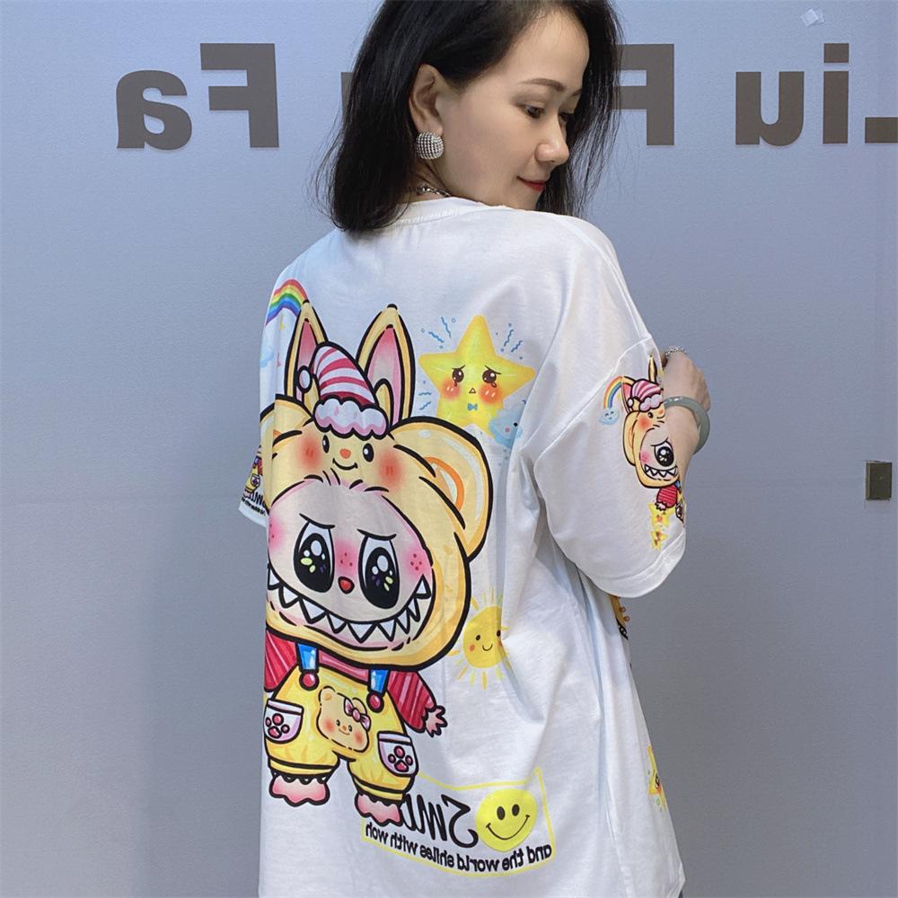 Plus Size Short Sleeve T Shirts Women Summer Clothing Embroidered Flares Cartoon Printed Diamonds Casual Loose O Neck Knitwear
