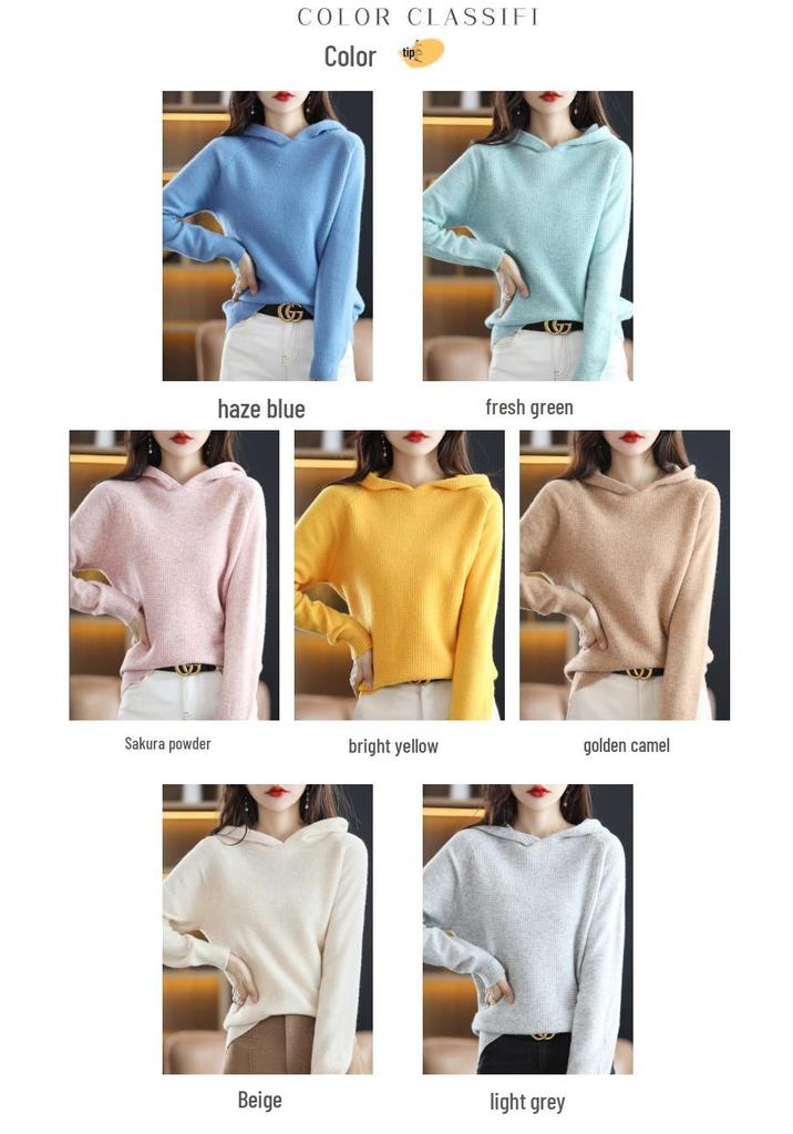 2023 Autumn/Winter Women's Pure Wool Hoodie Sweater - Cashmere Knit Pullover, Solid Color