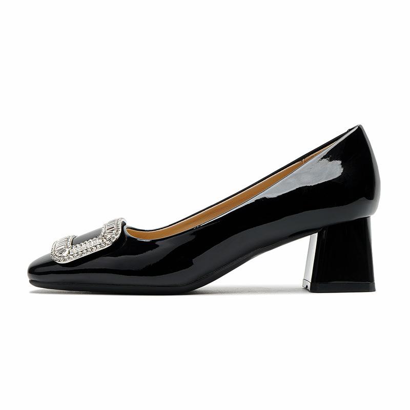 8-Mary Jane shoes women's head patent leather medium heel rhinestone square buckle shoes women's shallow thick heel single shoes autumn