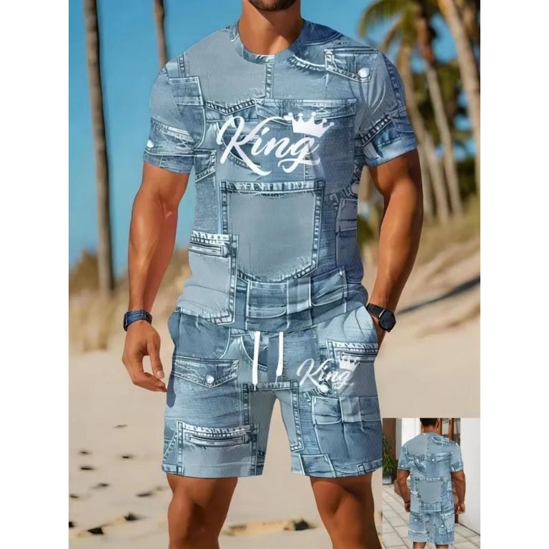 Fashion Men's Casual Suit 3D Casual Color Printing Summer T-shirt Shorts Simple