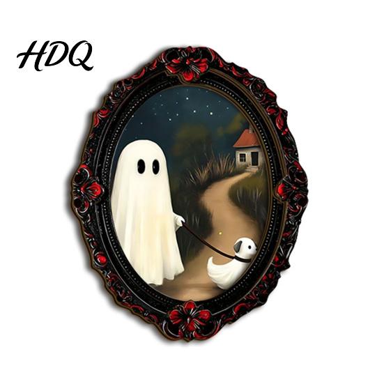 Crow And Ghost Wall Decor Halloween Wooden Refrigerator Magnet Vintage Gothic Fridge Magnets Oval Frame Decorative Soft Magnetic Stickers