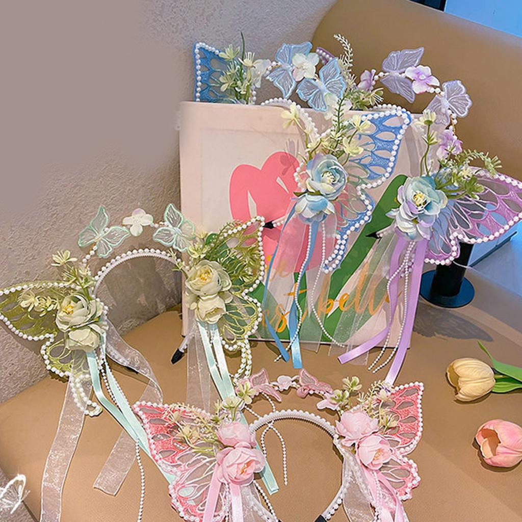 Princess Butterfly Ribbon Pearls Headband for Pageant Prom Headwear Elegant Hairband Girl Headpiece Photo Props