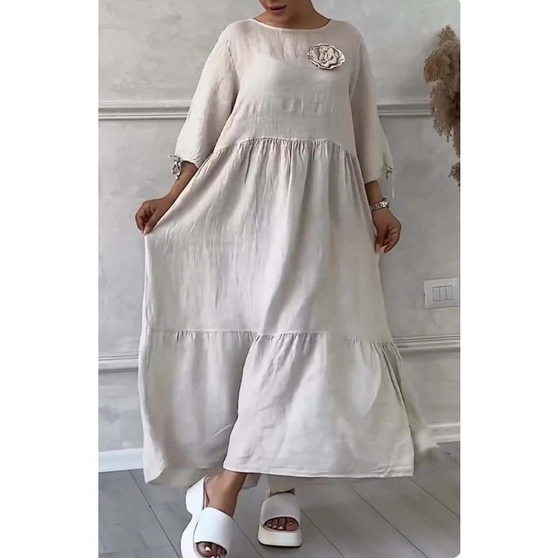 

Літня жіноча повсякденна сукня з довгим рукавом та круглим вирізом, плісирована на шнурівці ззаду 5XL бежевий