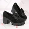 Fashion Single Shoes Women's Thick Bottomed Loafers Black Suede Bowknot Round Head Pumps Fashion Slip on Shallow Mouth High Heel  Shoes