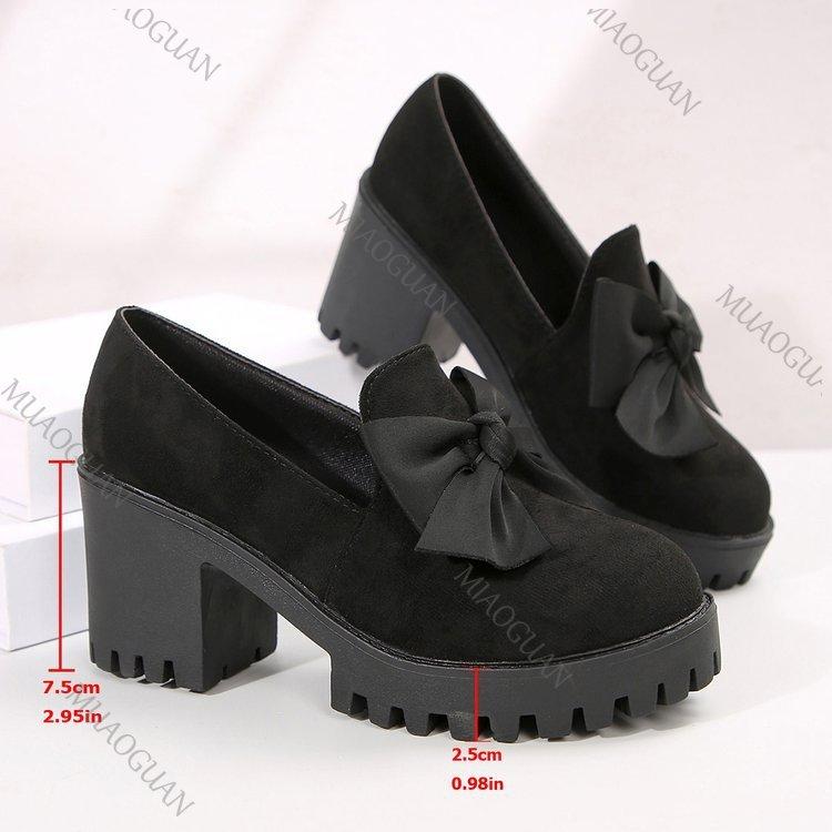 Fashion Single Shoes Women's Thick Bottomed Loafers Black Suede Bowknot Round Head Pumps Fashion Slip on Shallow Mouth High Heel  Shoes