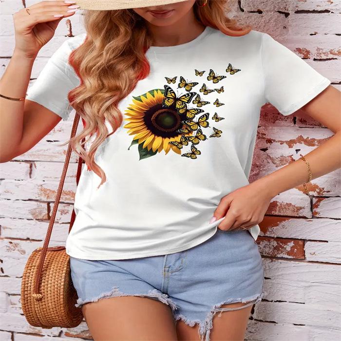 Summer Round Neck Printed Top Fashionable Casual Cute Short Sleeved Women's Pure Cotton T-shirts