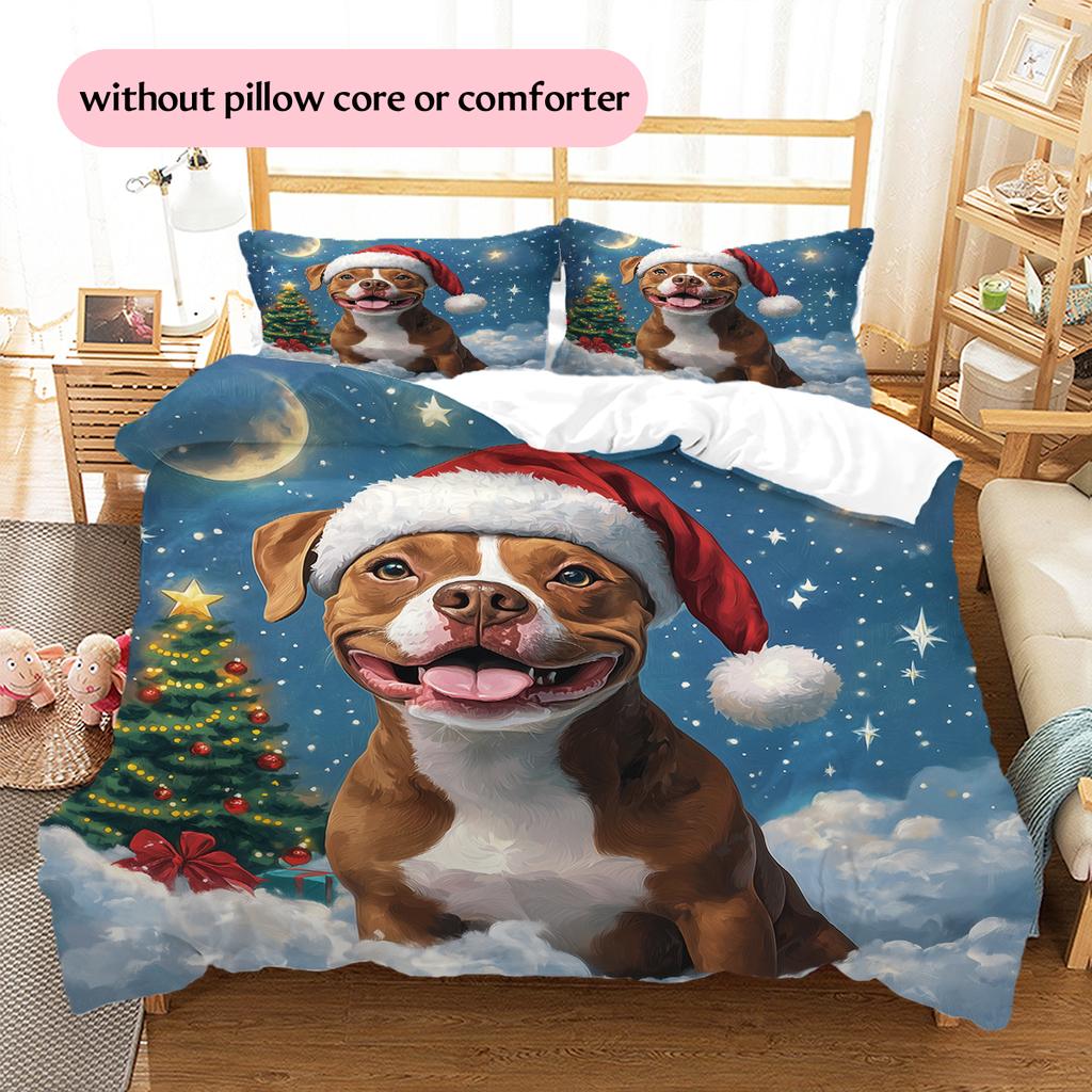 Christmas Pitbull Pattern Bedding Home Decoration Birthday Gift (1 * duvet cover + 2 * pillowcase, without core)