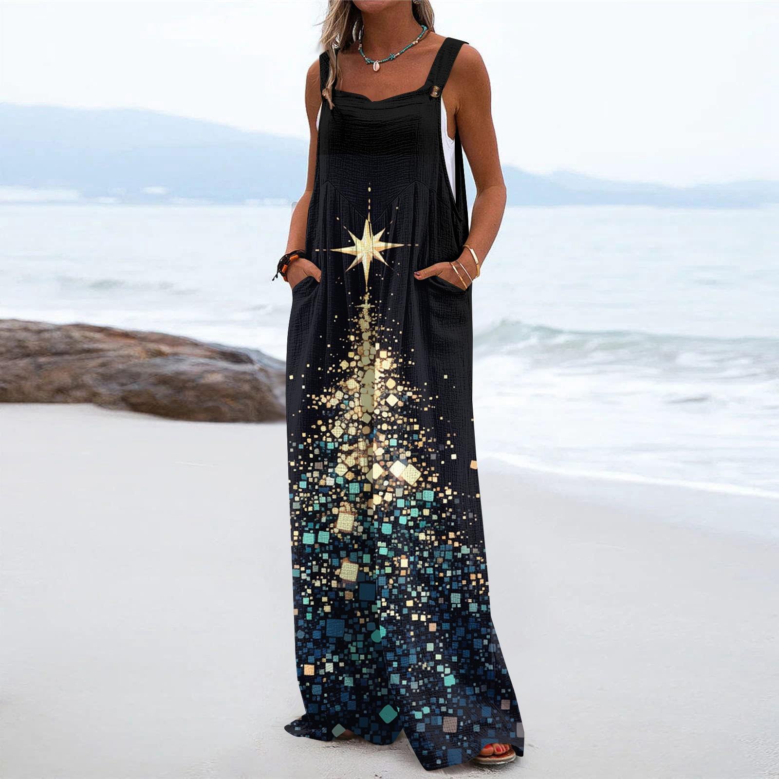 

Женский рождественский принт однотонный широкий крой без бретелек майка карман повседневный комбинезон XL синий