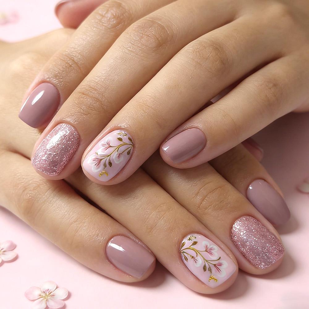 Medium Length Pink & White Glossy Wearable Nails with Gold Glitter - 24 Pieces, Spring/Summer Versatile Manicure.