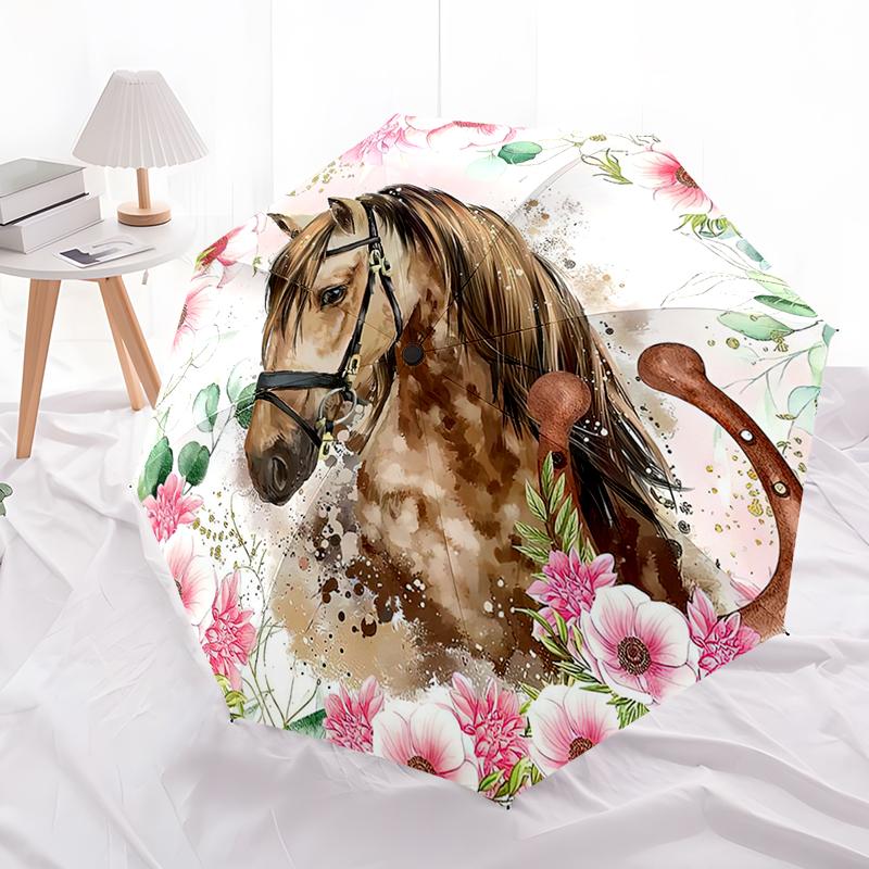 Ombrello Pieghevole Automatico con Cavallo Design a 8 Stecche Ombrello Compatto per Tempo Libero all'Aperto e Ombrello Quotidiano. Regalo Perfetto Per Amici E Famiglia