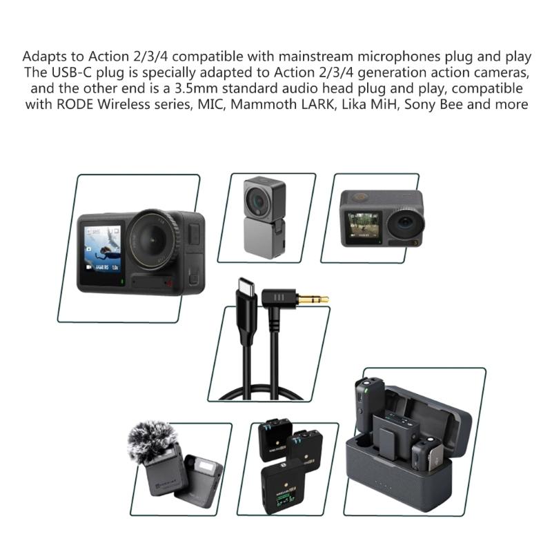 20cm Microphone Adapter Cable for Rode Wireless Series, Quality Audional Transfer Cord Type-C To 3.5mm for Action 2 3 4