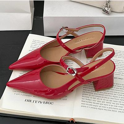 Mode Sexy Bout Pointu Cuir Verni Escarpins Femme Talon Carré Épais Mules Sandales Bride Avant Arrière Élégantes Fête Mariage Chaussures de Mariée