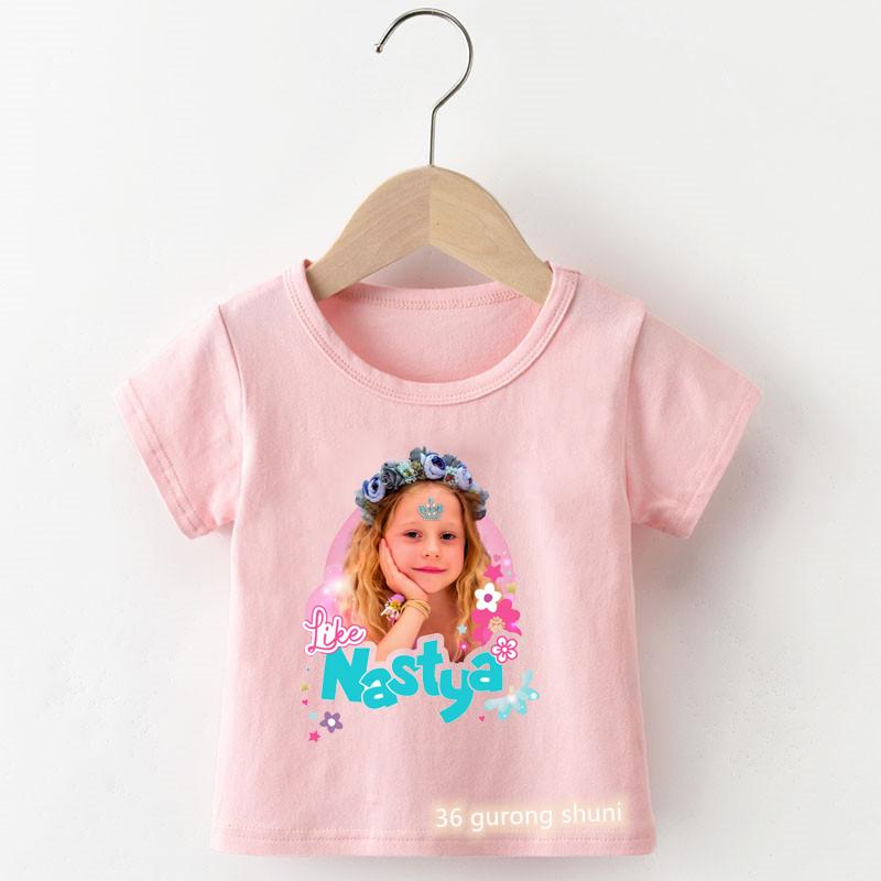 New Hot-selling Cute Nastasja Girl T-shirt, Fashionable Cartoon Print Children s Summer Pink Shirt for Girls 100