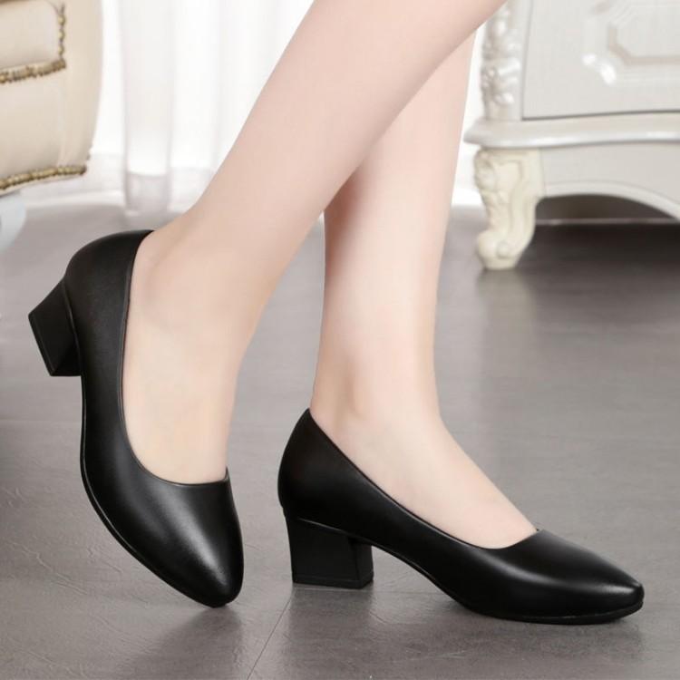 Comfortable standing for a long time without tiring feet etiquette work shoes women's black professional hotel work shoes interview thick heel leath