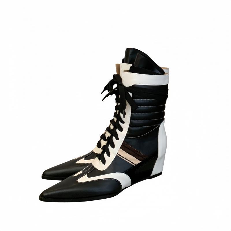 Fashion Hot Sale Retro Color - Block Pointed Toe Lace - Up Wedge Mid - Calf Boots Women's Chic Patchwork Booties