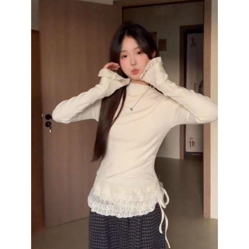 

Korean Pure Desire Lace Half-High Collar Long Sleeves T-Shirt Female Autumn BM Style Small Man Silm Inner Bottoming Shirt Tops Beige White S