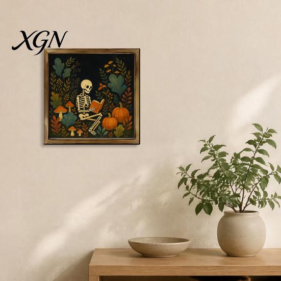 Distressed Halloween Party Props Ghost/Witch/Skeleton Decorative Painting, Wall Mount Square Wood Frame Wooden Decor Picture for Home