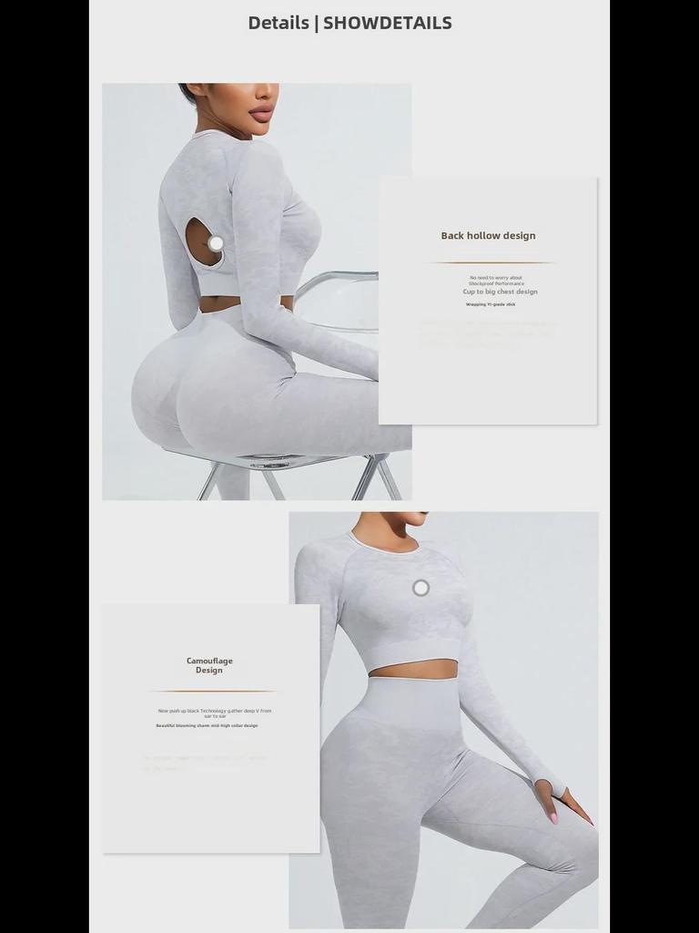 Dámská maskáčová jógová souprava s vysokým pasem - Dlouhý rukáv a kalhoty na podzim/zimu