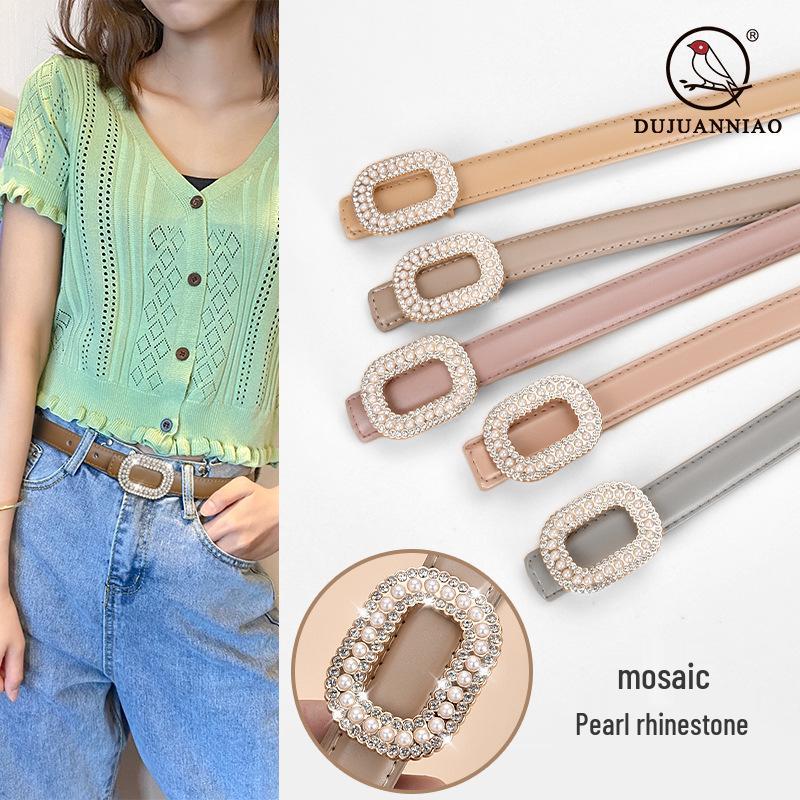 

Pearl & Rhinestone Inlaid Round Buckle Women s Leather Belt 105cm