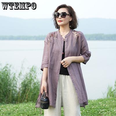 Frühling und Sommer Vintage Besticktes Hemd Damen Stehkragen Mittellange Freizeithemdjacke Sonnenschutzkleidung