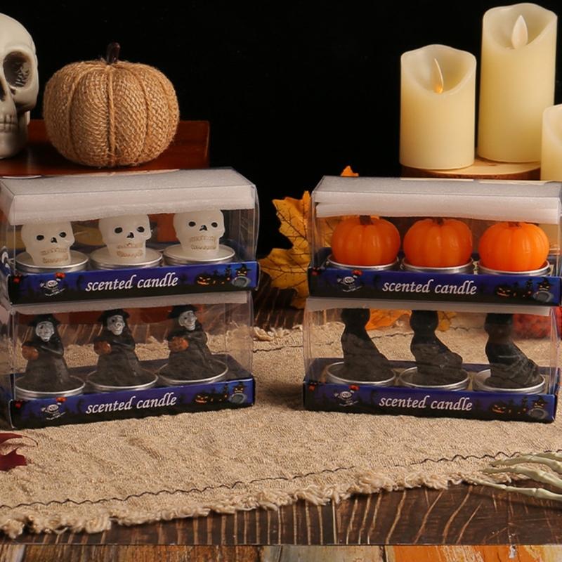 Set of 3 Halloween Themed Candle Ornaments Funny Black Cats Skull Pumpkin Witches Shape Candle for Home and Party Decors
