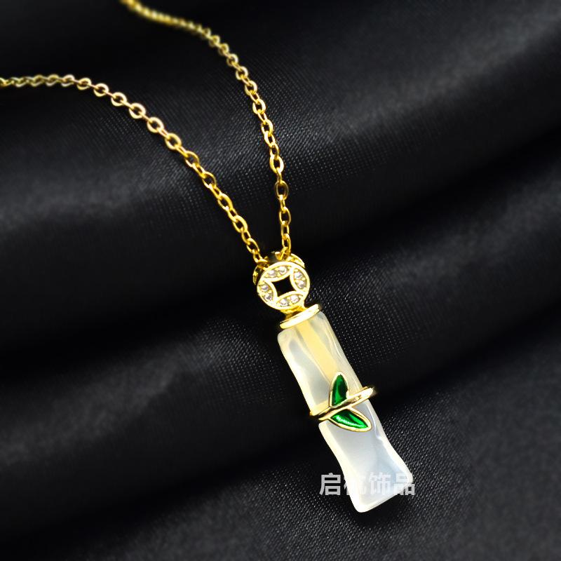 Bamboo Necklace Women'S Guochao Retro Light Luxury Premium Natural Hetian Jade Pendant Accessories
