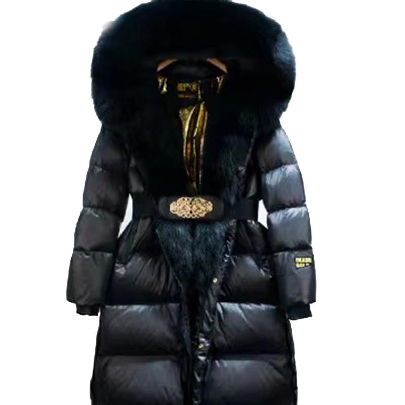 Fuchs Pelz Waschbär Pelz Kragen Mit Kapuze Winter Jacke Frauen Dicke Warme Ente Unten Lange Streetwear L black