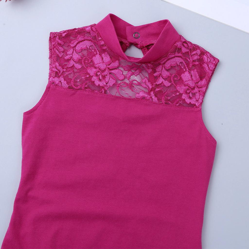Kids Girls Ballet Dance Gymnastics Leotard Lace Turtle Neck Lace Back Sleeveless