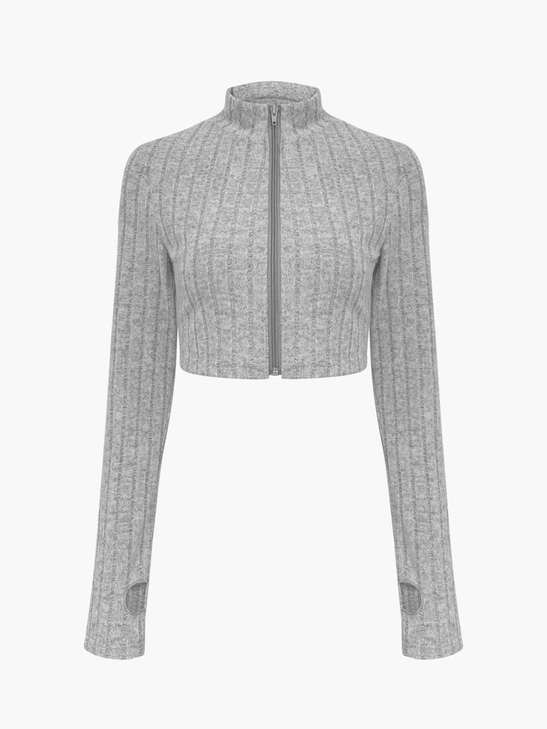Damen einfarbiges geripptes Zweiteiler-Set: Reißverschluss-Cardigan-Top & High-Waist-Schlaghosen-Anzug für Herbst/Winter.