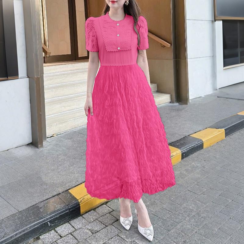 ZANZEA Women Lace Patchwork Casual Round Neck Short Sleeve Long Dress