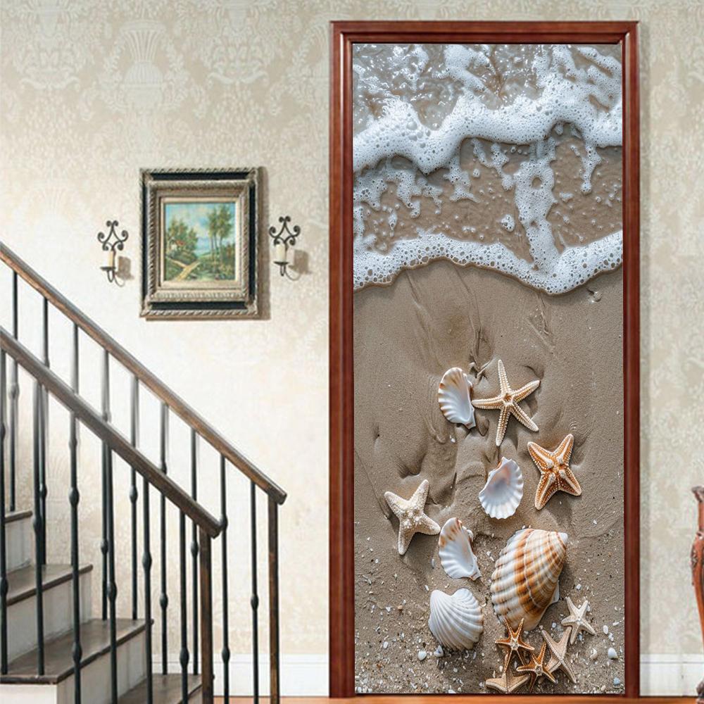 1pcs Porch Beach Scenery Shell Vinyl Door Sticker For Bedroom Home Decor Self Adhesive Removable Wall Decal Door Renovation Waterproof Poster