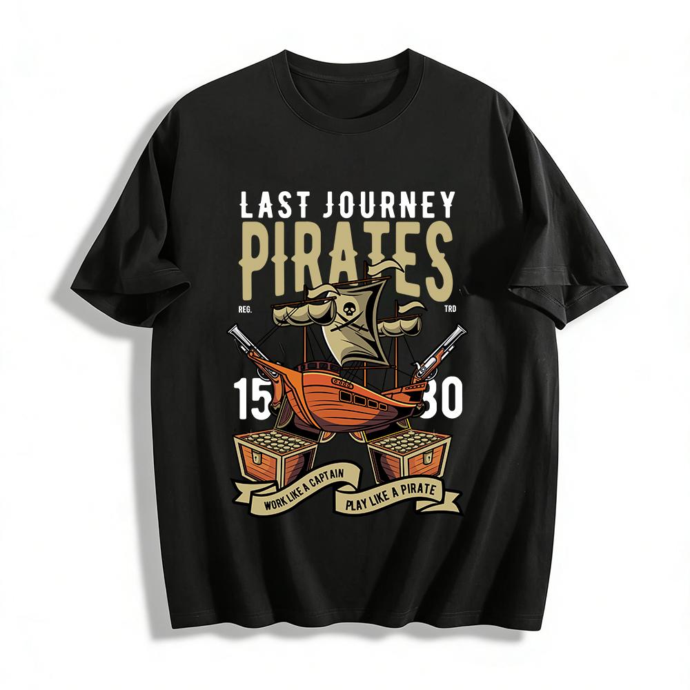 Vintage Pirate Ship Print T-Shirt Work Like Captain Play Like Pirate Pure cotton T-shirt XXS