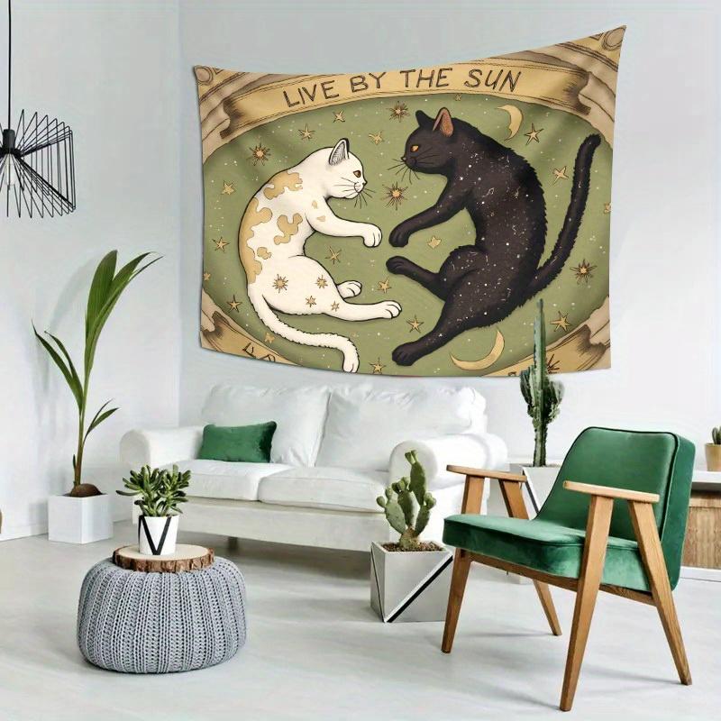 Celestial Cat Tapestry  Yin Yang Cats with Moon  Stars Witchy Boho Art Polyester 5161 in for Bedroom or Dorm