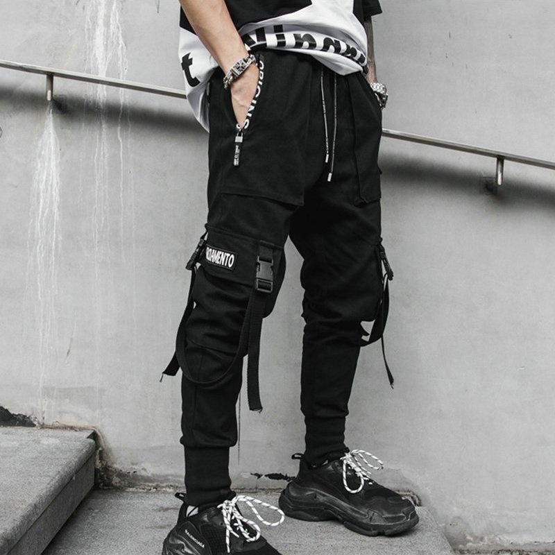 Hip Hop Joggers Men Black Multi-pocket Ribbons Man Sweatpants Streetwear Casual Mens Pants